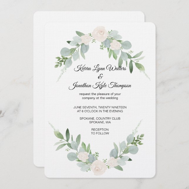 Greenery & White Wedding Invitation design (Front/Back)