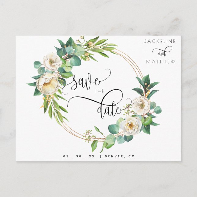 Greenery White Yellow Floral Wedding Save the Date Postcard (Front)