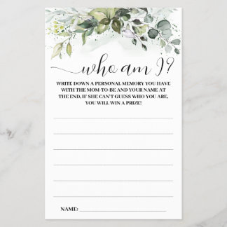 Greenery Who am I Baby Shower Game Card Flyer