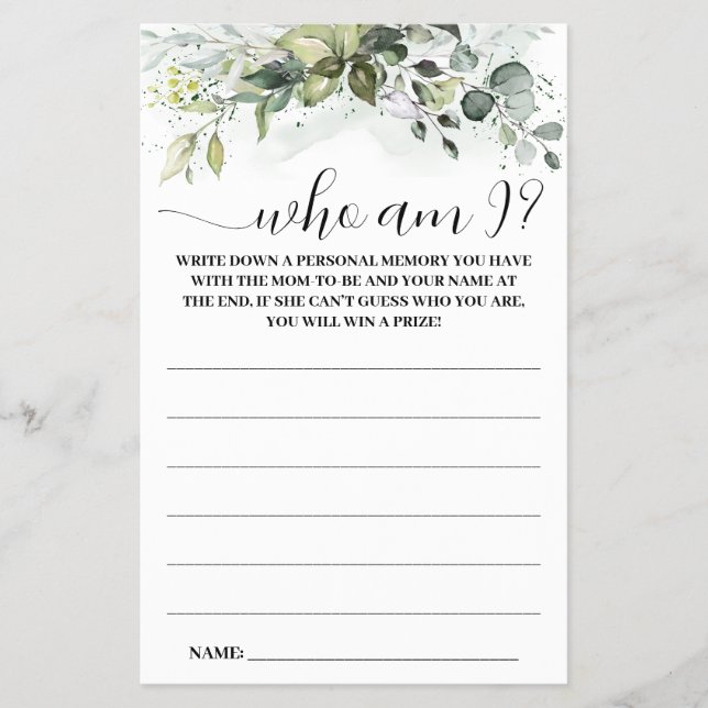 Greenery Who am I Baby Shower Game Card Flyer (Front)