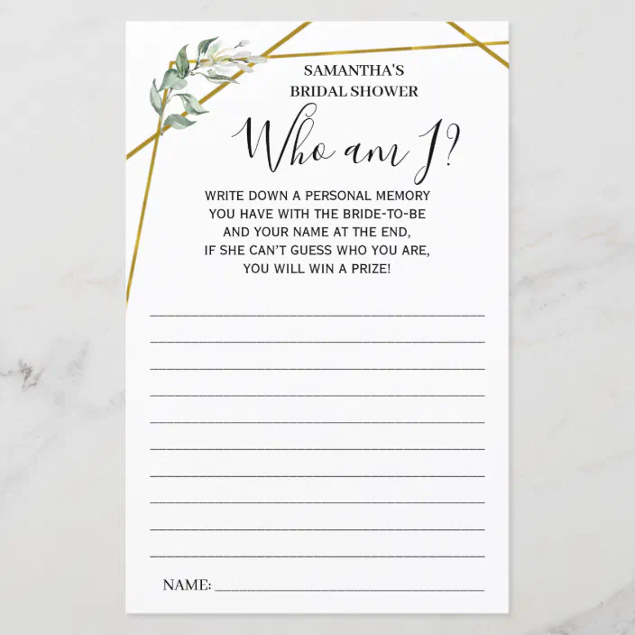 Greenery Who Am I Bridal Shower Bilingual Game Zazzle Com