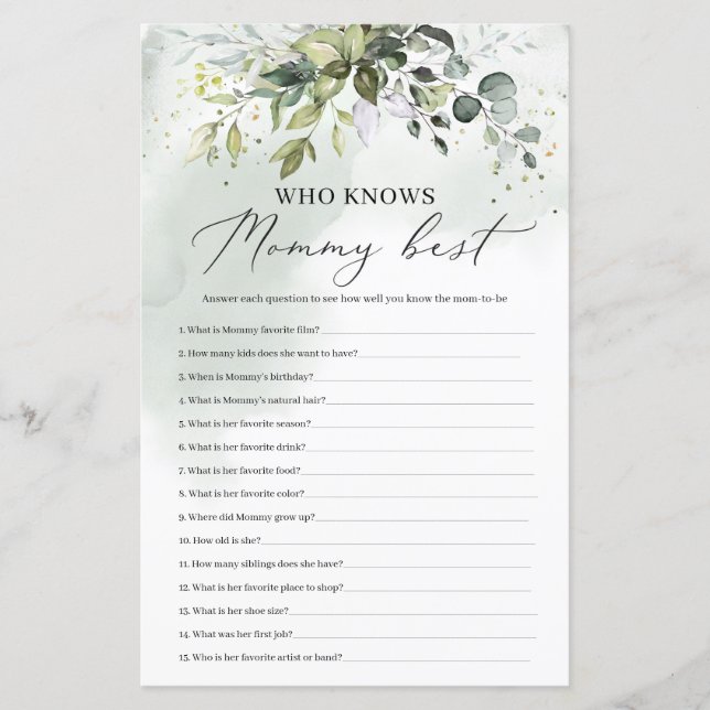 Greenery who knows mommy best baby shower game (Front)