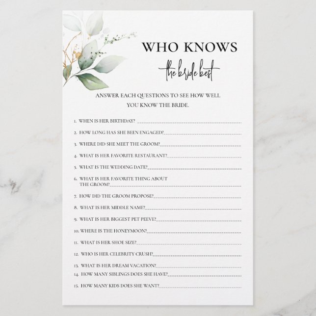 Greenery Who Knows The Bride Best game (Front)