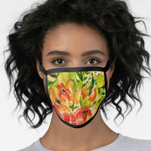 Greenery Wild Blooming Coral Flowers Watercolor Face Mask
