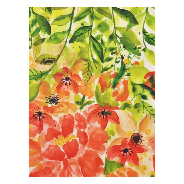 Greenery Wild Blooming Coral Flowers Watercolor Tablecloth (Front)