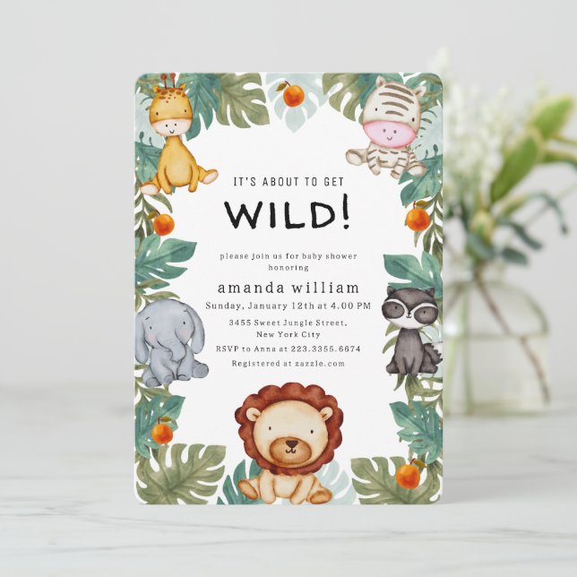 Greenery Wild Forest Sarafi Animals Baby Shower Invitation (Standing Front)
