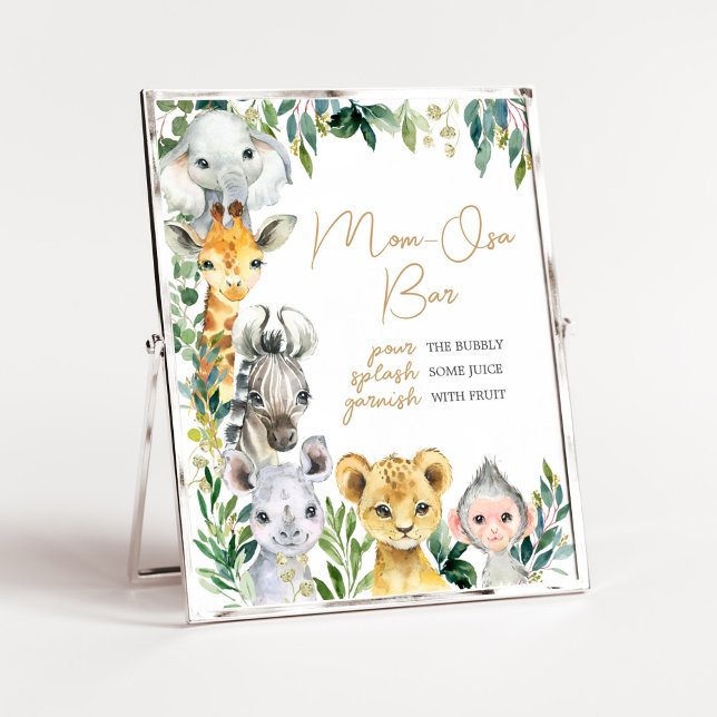 Greenery Wild One Safari Baby Shower Mom Osa Bar Poster (Safari Baby Shower Mom Osa Bar Sign)