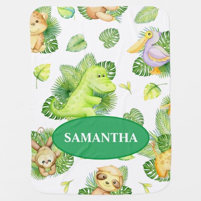 Greenery Wild Safari Animals Nursery Baby Blanket (Front)