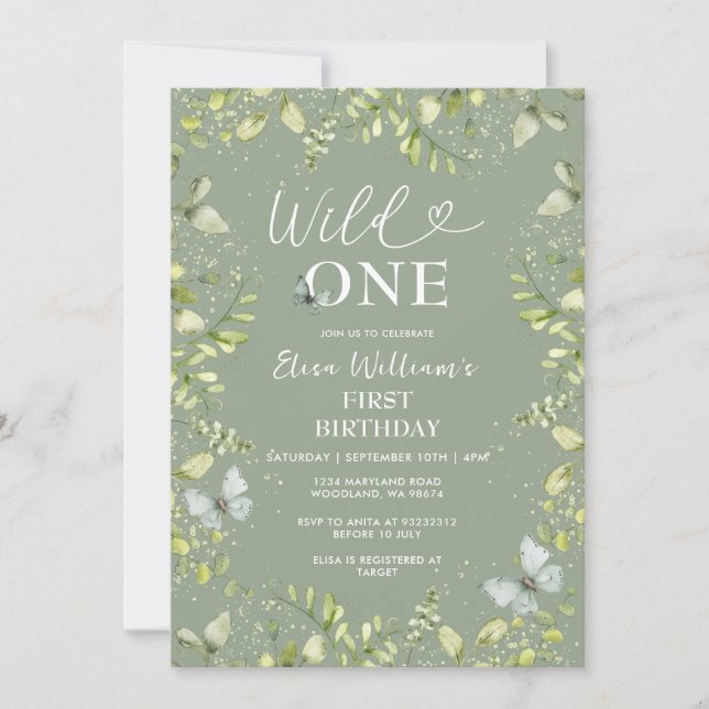 Greenery Wildflower Wild ONE Butterfly Party  Invitation (Front)