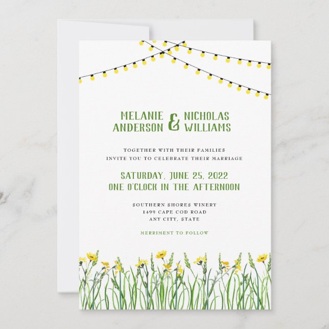 Greenery + Wildflowers + lights wedding invitation (Front)
