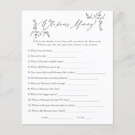 Greenery Winter Baby Shower Who knows Mommy best (Front)