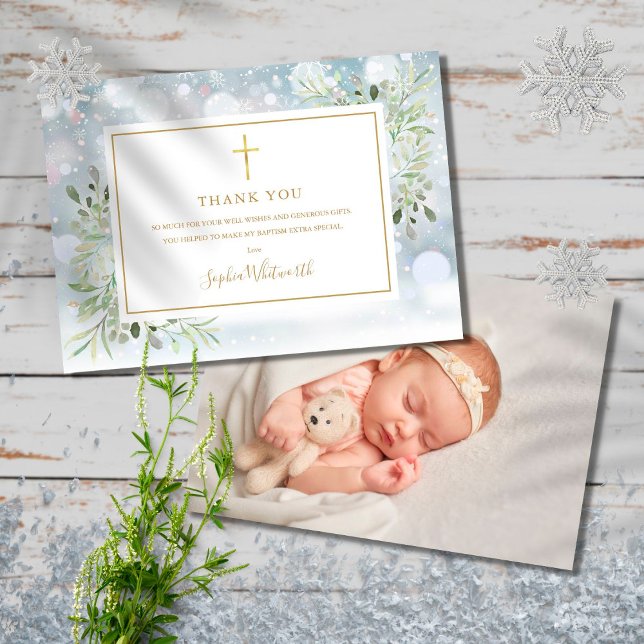 Greenery Winter Baptism Christening Photo Thank You Card (Creator Uploaded)