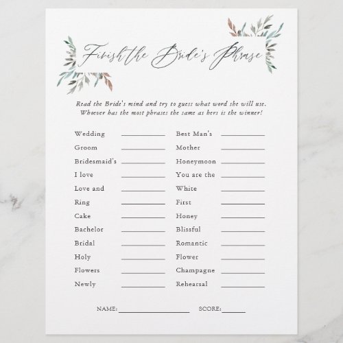 Greenery Winter Bridal Shower Phrases Game