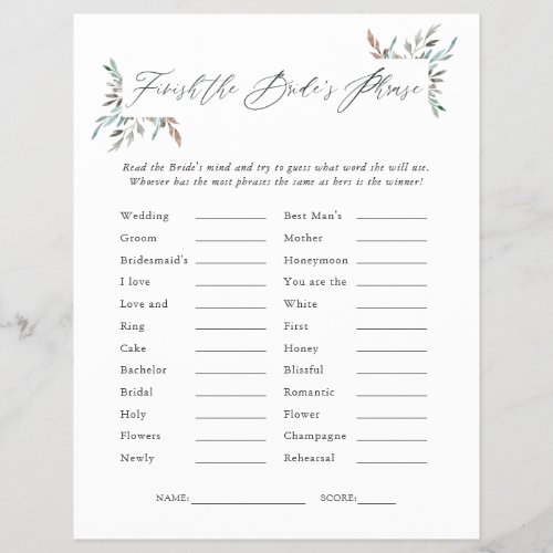 Greenery Winter Bridal Shower Phrases Game