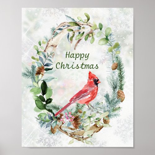 Greenery Winter Foliage Cardinal Bird Poster
