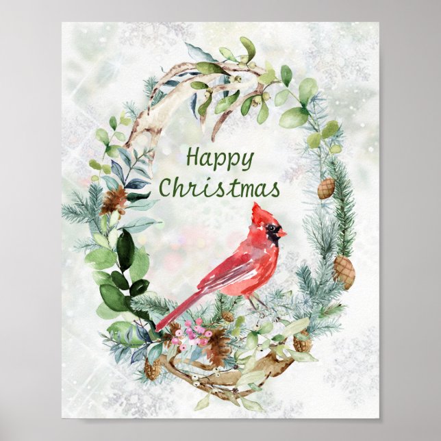 Greenery Winter Foliage, Cardinal Bird Poster (Front)