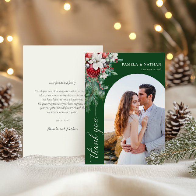 Greenery Winter Pine Watercolor Wedding Photo Thank You Card (Creator Uploaded)