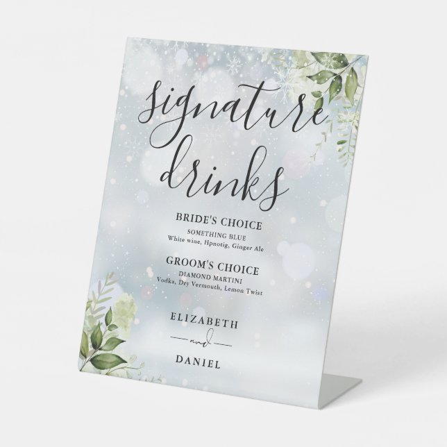 Greenery Winter Wedding Signature Drinks Pedestal Sign (Front)