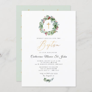 Greenery Winter Wreath Faux Gold Baptism Invitation
