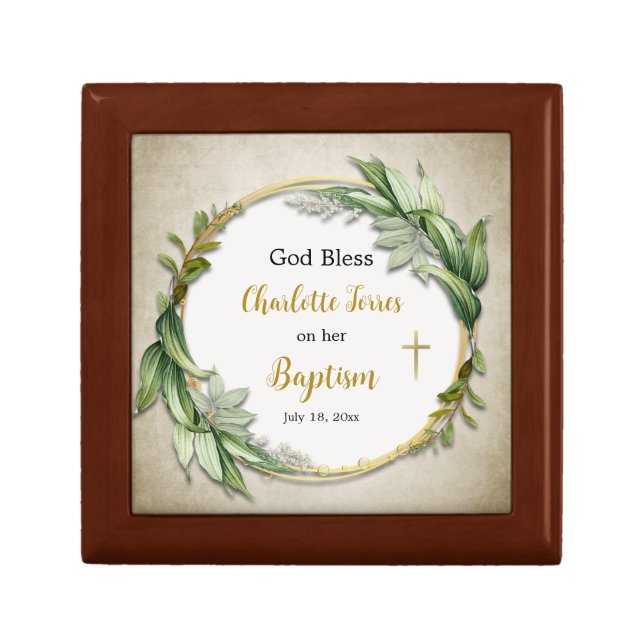 Greenery with a Double Gold Circle Frame Baptism Gift Box (Front)