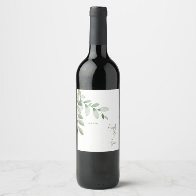 Greenery With Love Personalized Names Wedding  Wine Label (Front)