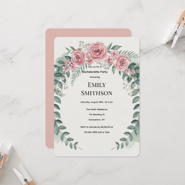 Greenery With Pink Flowers Romantic Bachelorette  Invitation (Front/Back In Situ)