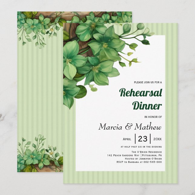 Greenery wood and stripes wedding rehearsal dinner invitation (Front/Back)