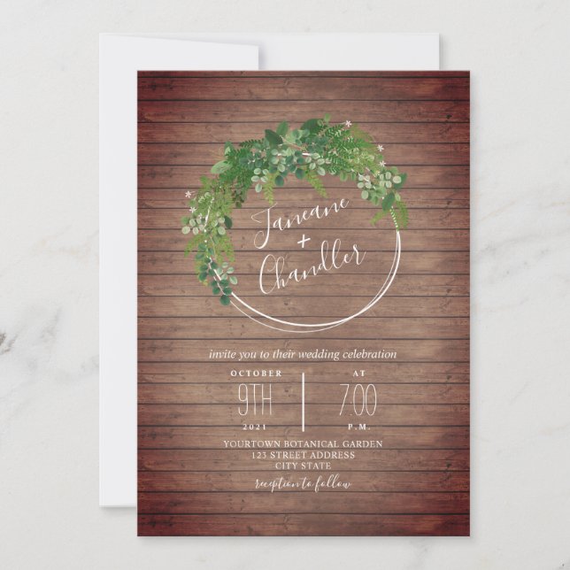Greenery Wood Plank Circle Wedding Invitation (Front)