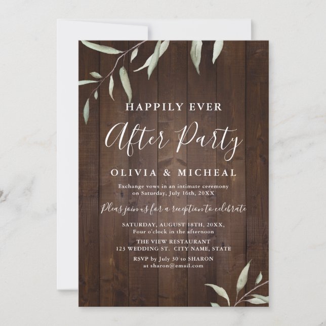 Greenery wood rustic happily ever after party invitation (Front)