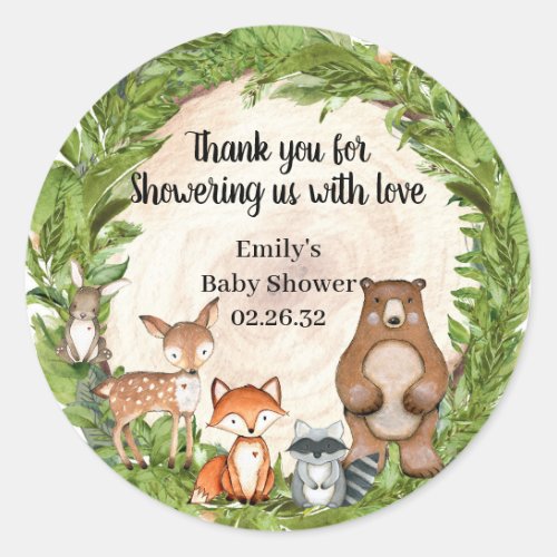 Greenery wood slice forest animals baby shower classic round sticker