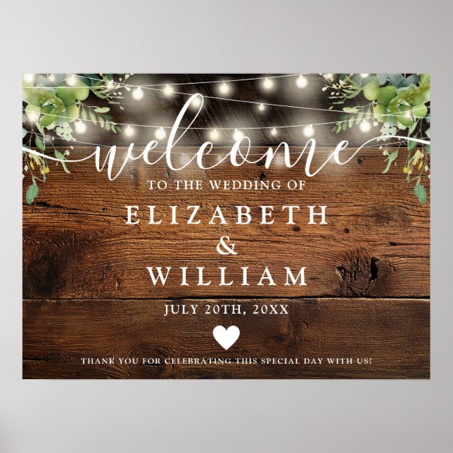 Greenery Wood String Lights Wedding Welcome Sign (Front)