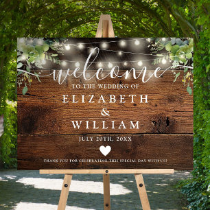 Greenery Wood String Lights Wedding Welcome Sign