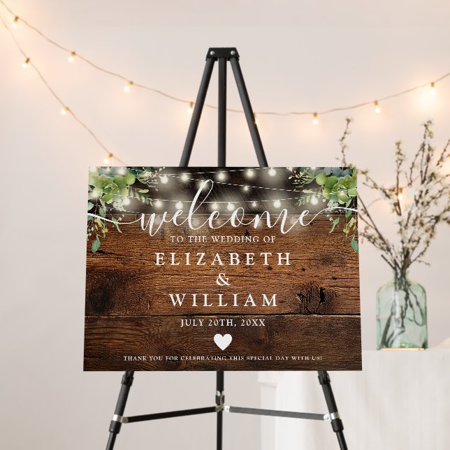 Greenery Wood String Lights Wedding Welcome Sign (In Situ (Stand))