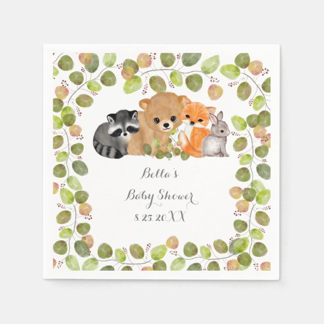 Greenery Woodland Animal Paper Napkins (Front)