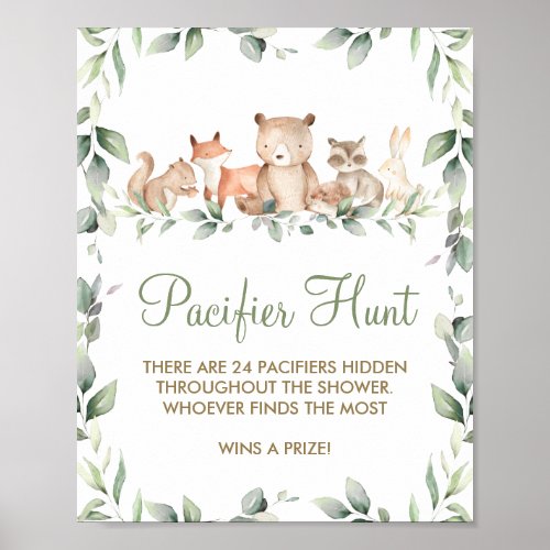 Greenery Woodland Animal Shower Pacifier Hunt Game Poster