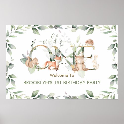 Greenery Woodland Animals 1st Birthday Welcome  Poster