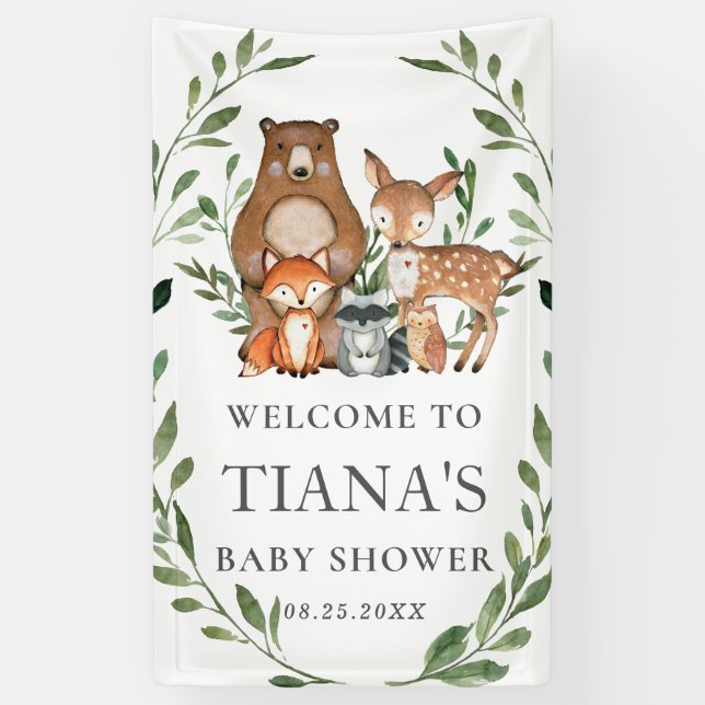 Greenery Woodland Animals Baby Shower Backdrop Banner (Vertical)