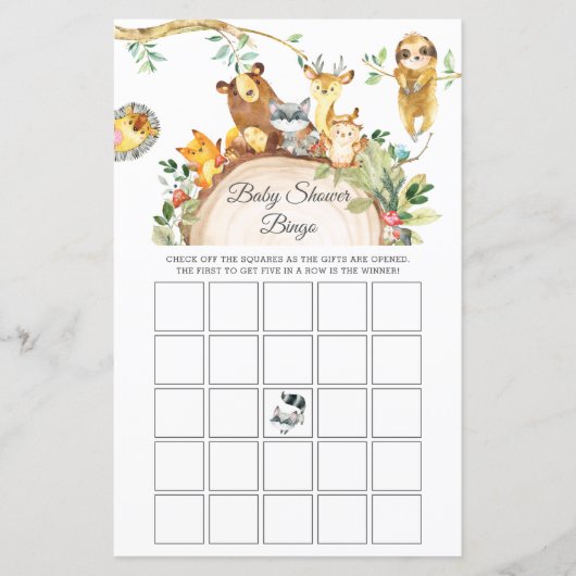 Greenery Woodland Animals Baby Shower Bingo Game (Front)