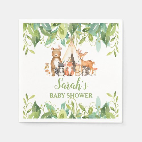 Greenery Woodland Animals Baby Shower Birthday Boy Napkins