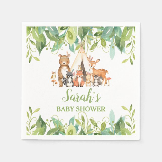 Greenery Woodland Animals Baby Shower Birthday Boy Napkins (Front)