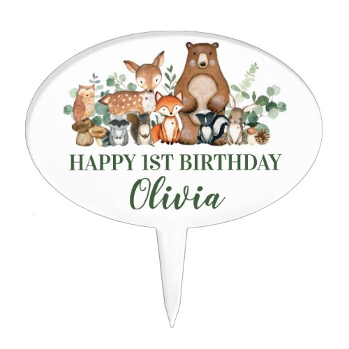 Greenery Woodland Animals Baby Shower Birthday   Cake Topper