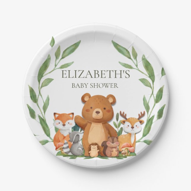 Greenery Woodland Animals Baby Shower Birthday Paper Plates (Front)