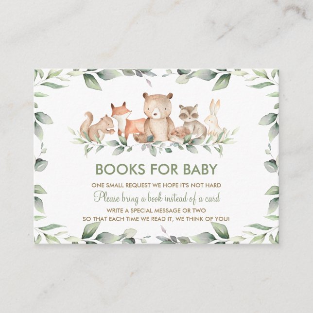 Greenery Woodland Animals Baby Shower Bring a Book Enclosure Card (Front)