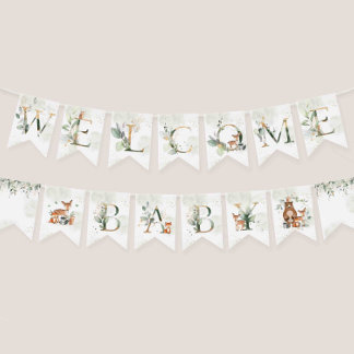 Greenery Woodland Animals Baby Shower Decorations Bunting Flags