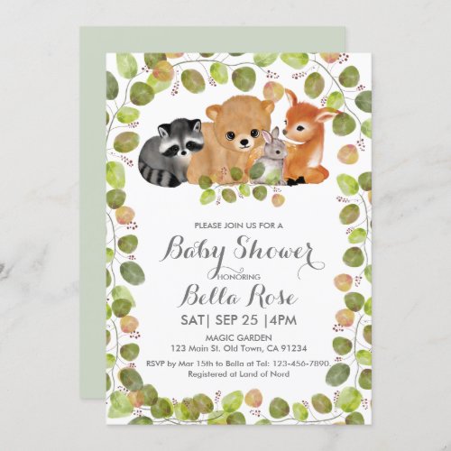 Greenery Woodland Animals Baby Shower Invitation