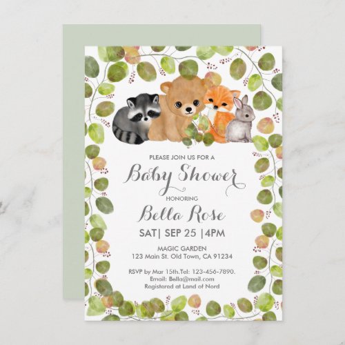 Greenery Woodland Animals Baby Shower Invitation