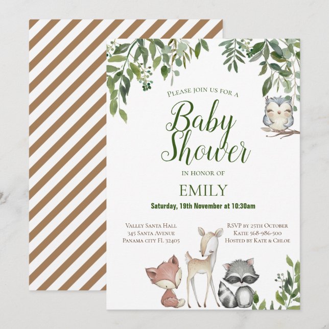 Greenery Woodland Animals Baby Shower Invitation (Front/Back)