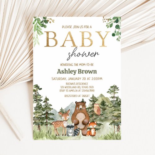 Greenery Woodland Animals Baby Shower Invitation