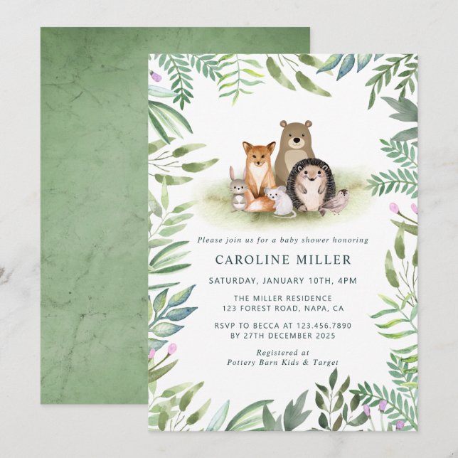  Greenery Woodland Animals Baby Shower Invitation (Front/Back)