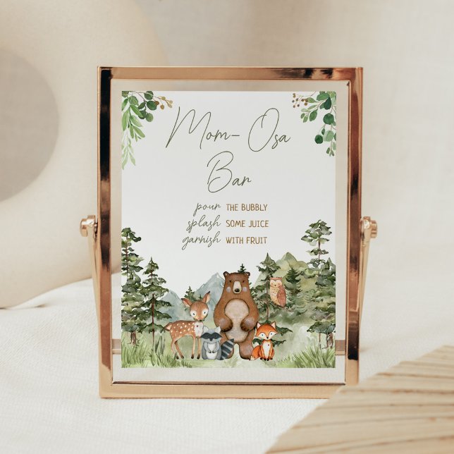 Greenery Woodland Animals Baby Shower Mom Osa Bar Poster (Greenery Forest Animals Baby Shower Mom Osa Bar Sign)